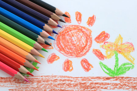 Drawing and emotional education using colored pencils and crayonsの写真素材
