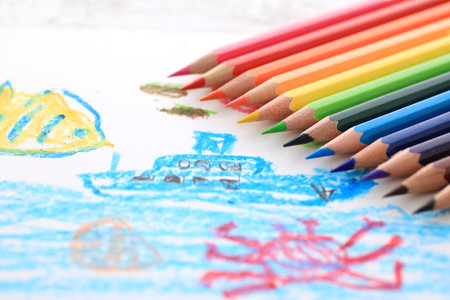 Drawing and emotional education using colored pencils and crayonsの写真素材