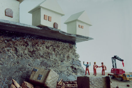 A house on the verge of collapse due to a landslideの写真素材