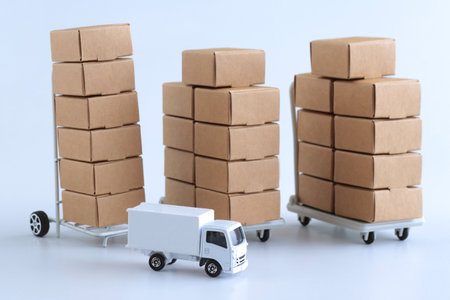 Cardboard boxes and trucks packed in large quantitiesの写真素材