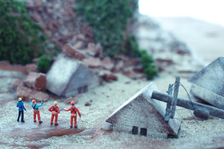 Diorama model of a house collapsed due to a disaster and the cityの写真素材