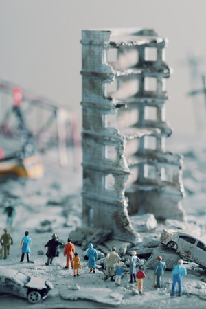 Diorama of a city destroyed by disasters and wars and people wandering aroundの写真素材