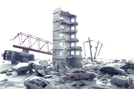 Diorama of a city destroyed by disasters and wars and people wandering aroundの写真素材