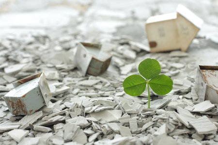 People pinning their hopes in the rubble of the city destroyed by the disaster and the regenerated greenery and flowersの写真素材