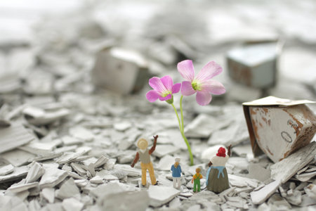 People pinning their hopes in the rubble of the city destroyed by the disaster and the regenerated greenery and flowersの写真素材
