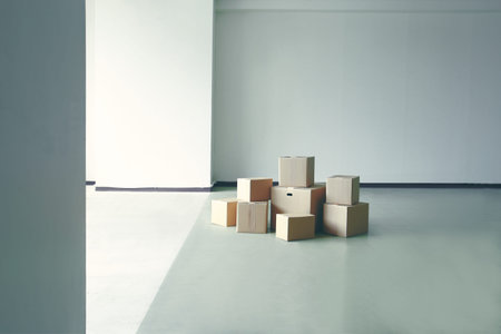 Packed cardboard boxes in a large room or office