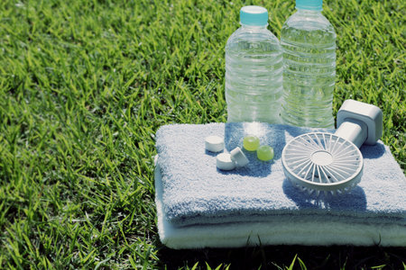 A group image of heat stroke prevention goods taken outdoorsの写真素材