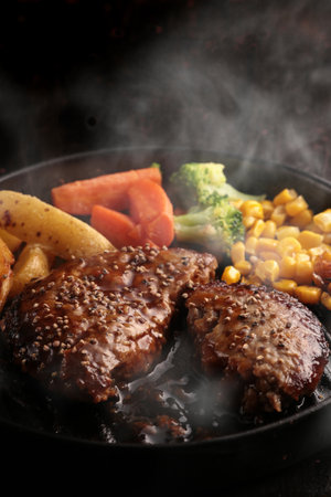 Juicy and delicious looking hamburger steak served on a plateの写真素材