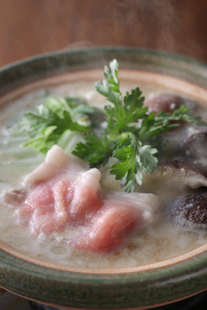 A delicious steaming hotpot of pork shabu-shabuの写真素材