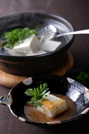 Slightly steaming Japanese tofuの写真素材