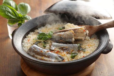 Takikomi gohan is a Japanese dish in which rice and ingredients are cooked together.の写真素材