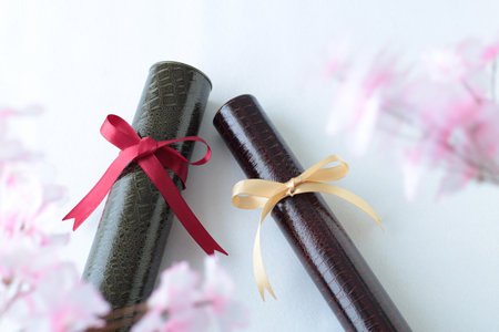 Graduation certificate, graduation album and cherry blossom petalsの写真素材