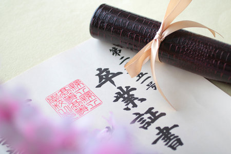 Graduation certificate, graduation album and cherry blossom petalsの写真素材