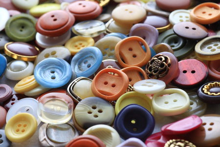 Group photo of colorful buttons used in dressmaking