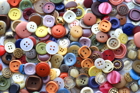 Group photo of colorful buttons used in dressmaking