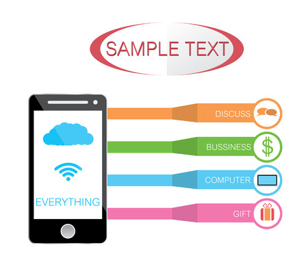 Vector illustration showing the use of cloud computing discuss(log) business computer gift all in  mobile phone with a set of colorful icons on web buttons above a mobile device.のイラスト素材