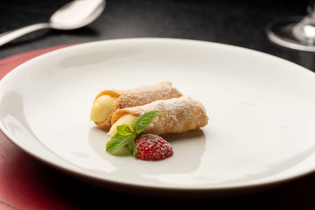 Cannoli stuffed with cream and strawberry mint on white plate dark background with spoon and wine glassの写真素材