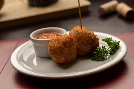Arancini italian risotto balls stuffed with mozzarella cheese, tomato spicy sauce on a blurred dark...