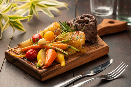 flank flat iron skirt steak with vegetables on a wood board and blurred backgroundの写真素材