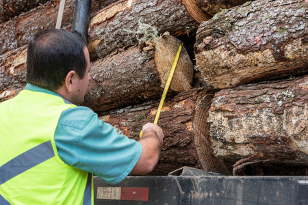 worker checking the quality size os the product wood trunk with a measuring tape