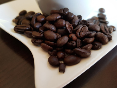 Fresh coffee beans on saucerの写真素材