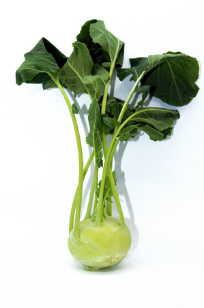 Fresh kohlrabi with leaves isolated on white backgroundの写真素材