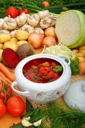 Russian Red borsch soup with ingredientsの写真素材