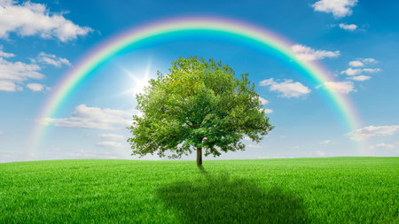 Oak tree on a green meadow covered by a rainbowの写真素材