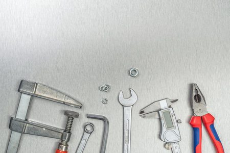 Tools on a metal background with copy space