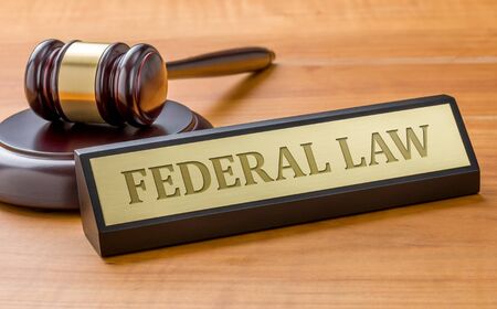A gavel and a name plate with the engraving Federal Lawの写真素材