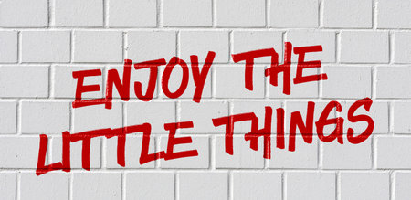Graffiti on a brick wall - Enjoy the little thingsの写真素材