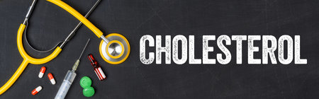 Stethoscope and pharmaceuticals on a blackboard - Cholesterolの写真素材