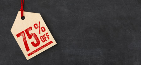 Tag on a blackboard - 75 percent offの写真素材