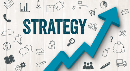 Ascending arrow with icons - Strategyの写真素材