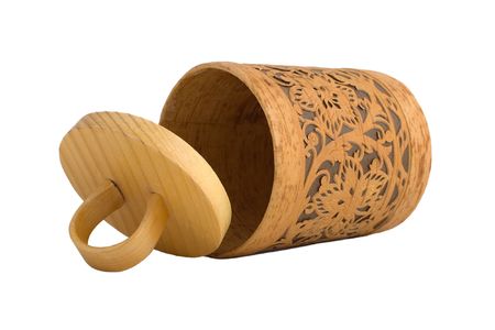 Accurate wooden gift box isolated on whiteの写真素材
