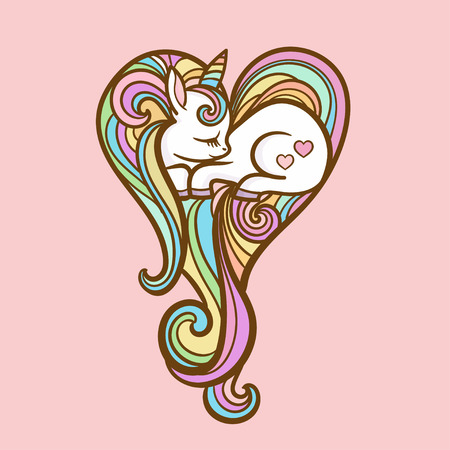 A small sleeping unicorn with a long mane on a pink background. Vector illustration. sweet kids graphics for t-shirtsのイラスト素材