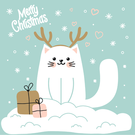 Cartoon, cute, white Christmas cat with a deer hat with gifts. Merry Christmas. Vector illustration.のイラスト素材
