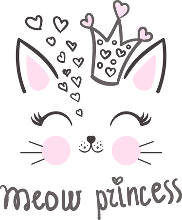 Meow. Princess. Cartoon, cute cat wearing a princess crown with hearts. For design prints, poster and so on. Vectorのイラスト素材