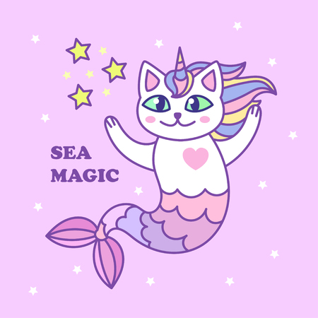 Cute mermaid cat on a pink background with hearts. For design prints, posters and so on. Vector clipartのイラスト素材