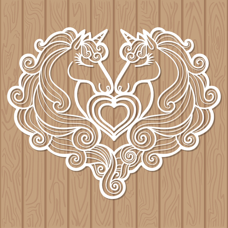 Template for laser cutting. Two unicorns and a heart. For greeting cards, envelopes, wedding invitations, decorative elements. Vectorのイラスト素材