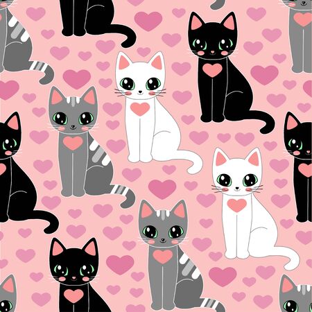 Seamless pattern with black, gray and white cats on a pink background. Vectorのイラスト素材