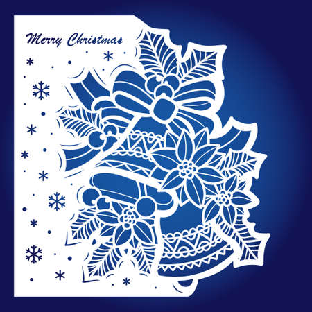 Template for laser cutting. Mock up for a Christmas card with bells and ribbon. For cutting from any material. Can be used for design of menus, envelopes, interior details. Vectorのイラスト素材