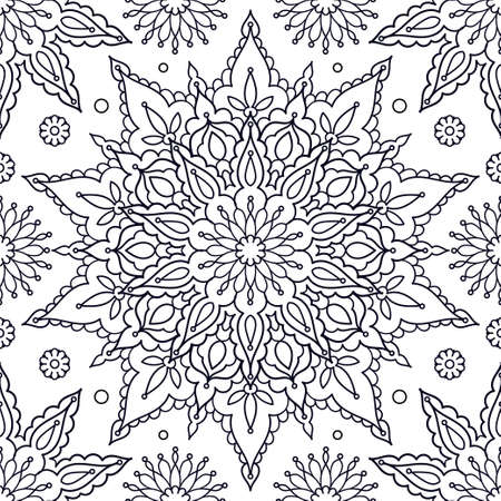 Seamless pattern with mandala. Black and white linear image. Doodle style. For coloring, fabric design, wallpaper, backgrounds, postcards, prints. Vectorのイラスト素材
