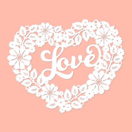 Love. Heart made of flowers and leaves. Laser cutting templateのイラスト素材