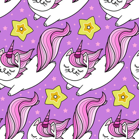 Seamless pattern with cat unicorn and stars. For children's design of backgrounds, wallpapers, fabrics. wrapping paper, scrapbooking, etc. Vectorのイラスト素材