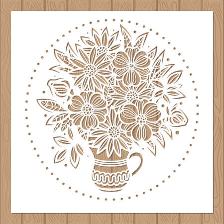 Template for laser cutting, silk screen printing, stencil. A bouquet of flowers in a vase. For the design of wedding cards, invitations, menus, interior elements, decor, scrapbooking. Vectorのイラスト素材