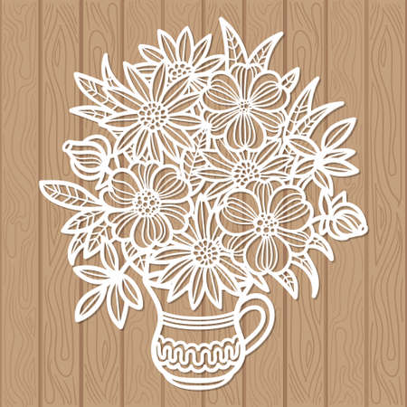 A bouquet of flowers in a vase. For cutting from any material. For the design of interior elements, decon, postcards, congratulations Template for laser cutting, silk screen printing, plotter and screen printing. Vector.のイラスト素材