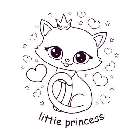 Cute little kitten in crown. Text Little princess. Black and white, linear drawing. For the design of prints, posters, stickers, postcards, coloring pages, etc. Vectorのイラスト素材
