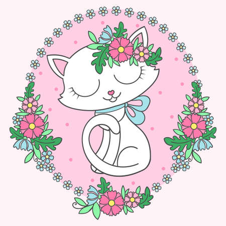Cute white cartoon cat in an oval frame of flowers. For children's design. For postcards, greetings, prints, posters, stickers, cards, etc. Vectorのイラスト素材