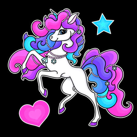 A cute, white unicorn with a rainbow mane. On a black background. Fantastic animal. For the design of children's prints, posters, cards, stickers, badges, etc. Vector illustrationのイラスト素材